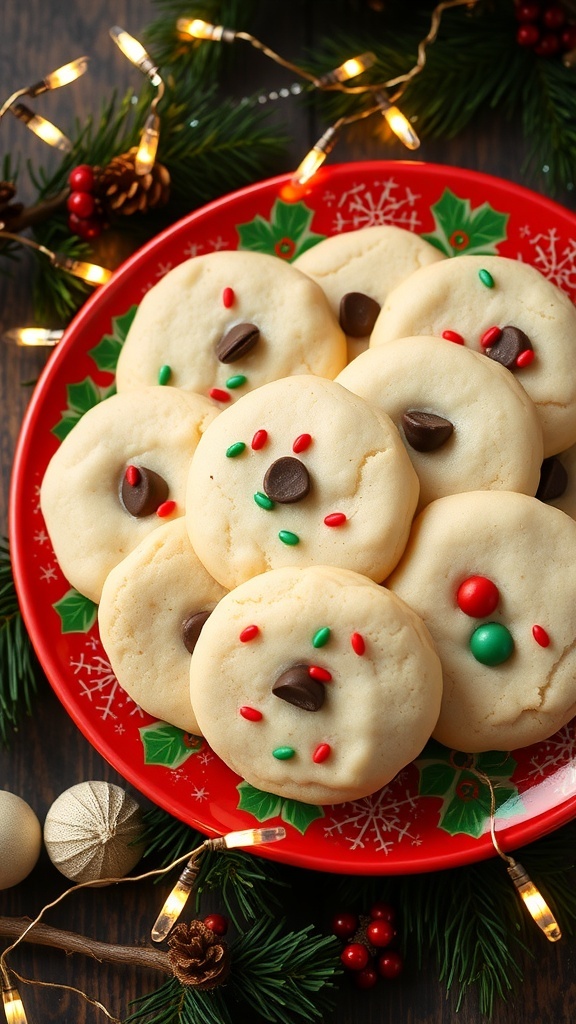 A plate of soft Christmas cookies with sprinkles and chocolate chips, decorated for the holidays.